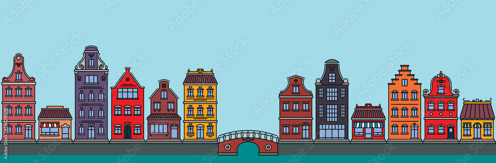Flat linear panorama of the city landscape with buildings and houses. tourism, travel to amsterdam