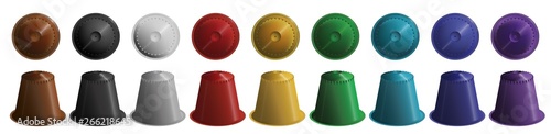 set, a collection of colorful coffee capsules on a white background.
