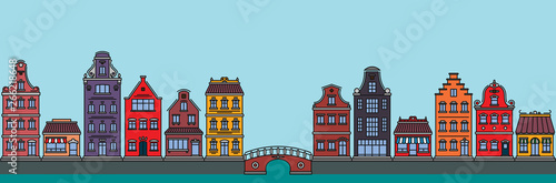 Flat linear panorama of the city landscape with buildings and houses. tourism, travel to amsterdam