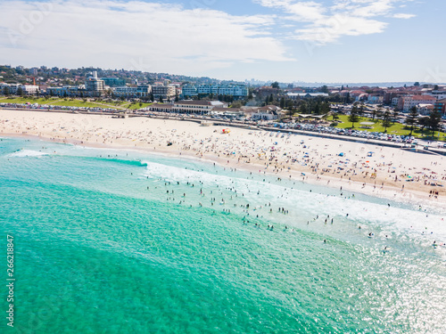 Canvas Print An aerial view of Bondi Beach in Sydney, Australia on a busy day with blue water