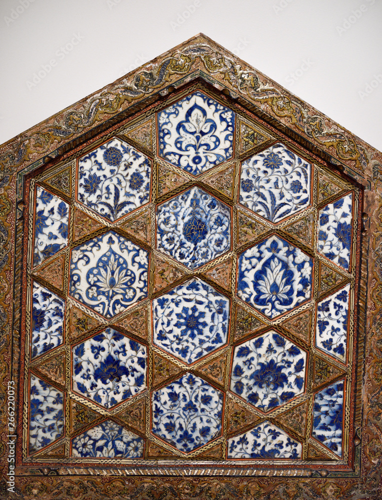 15th Century Underglaze painted fritware Revetment tile wood frame Syria