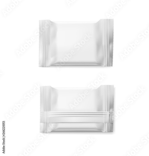 Realistic flow pack mockup. Front and rear view. Vector illustration isolated on white background. Easy to use for presentation your product, idea, design. EPS10.	
