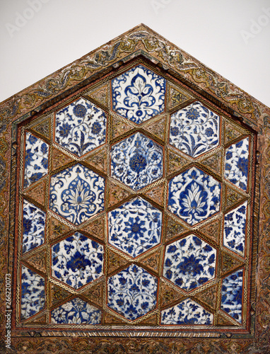 15th Century Underglaze painted fritware Revetment tile wood frame Syria