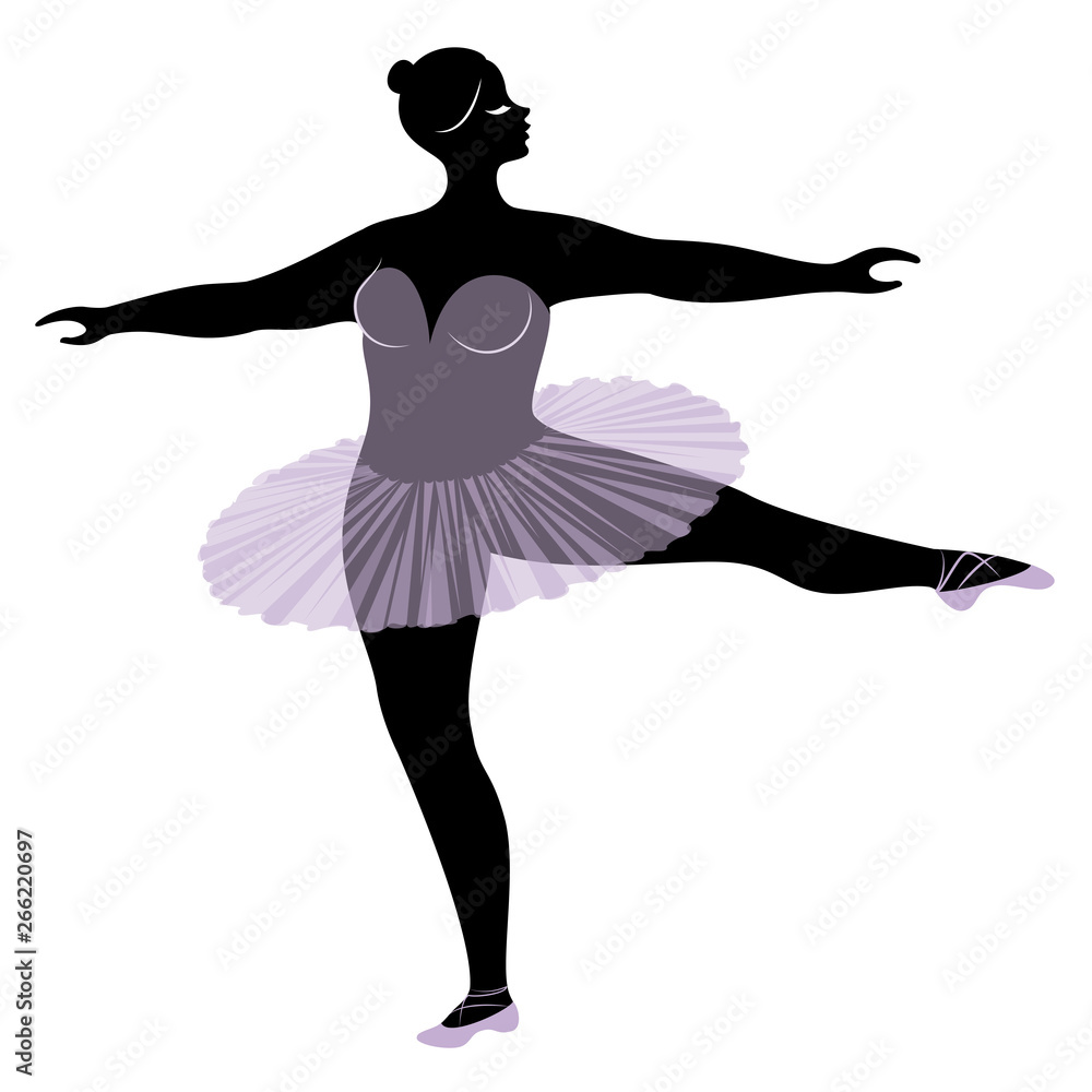 Silhouette of a cute lady, she is dancing ballet. The woman has an overweight body. Girl is plump. Woman ballerina, gymnast. Vector illustration Silhouette of a cute lady, she is dancing ballet. The woman has an overweight body. Girl is plump. Woman ballerina, gymnast. Vector illustration