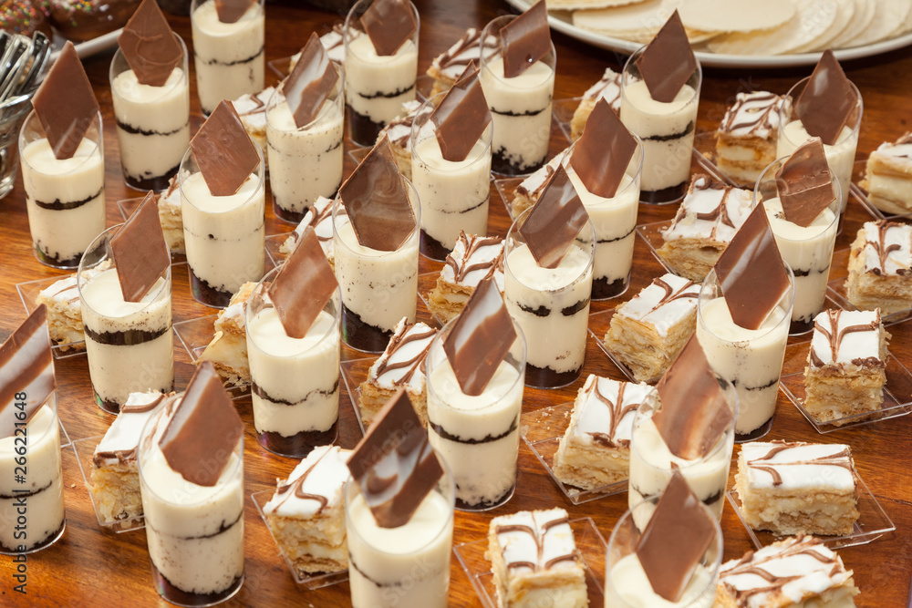 Desserts, individual presentation for the guests at the reception.