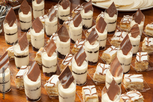 Desserts, individual presentation for the guests at the reception.
