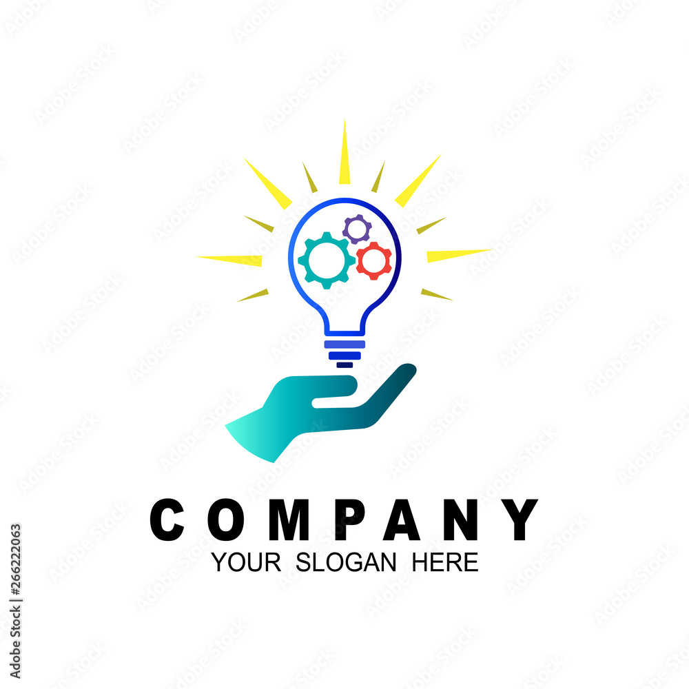 Hand lifting bulb in gear, gear and hand logo illustration Hand lifting bulb in gear, gear and hand logo illustration