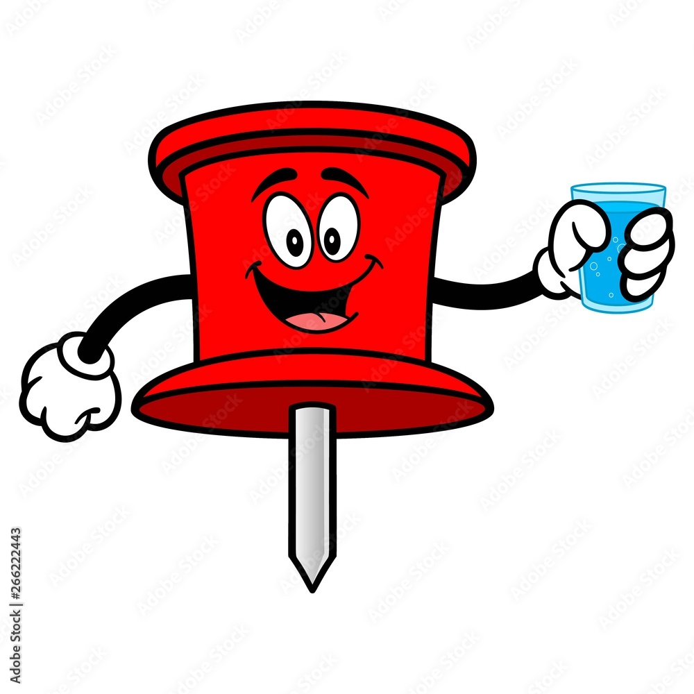 Push Pin Mascot with a Glass of Water - A vector cartoon illustration of an office Push Pin mascot. Push Pin Mascot with a Glass of Water - A vector cartoon illustration of an office Push Pin mascot.