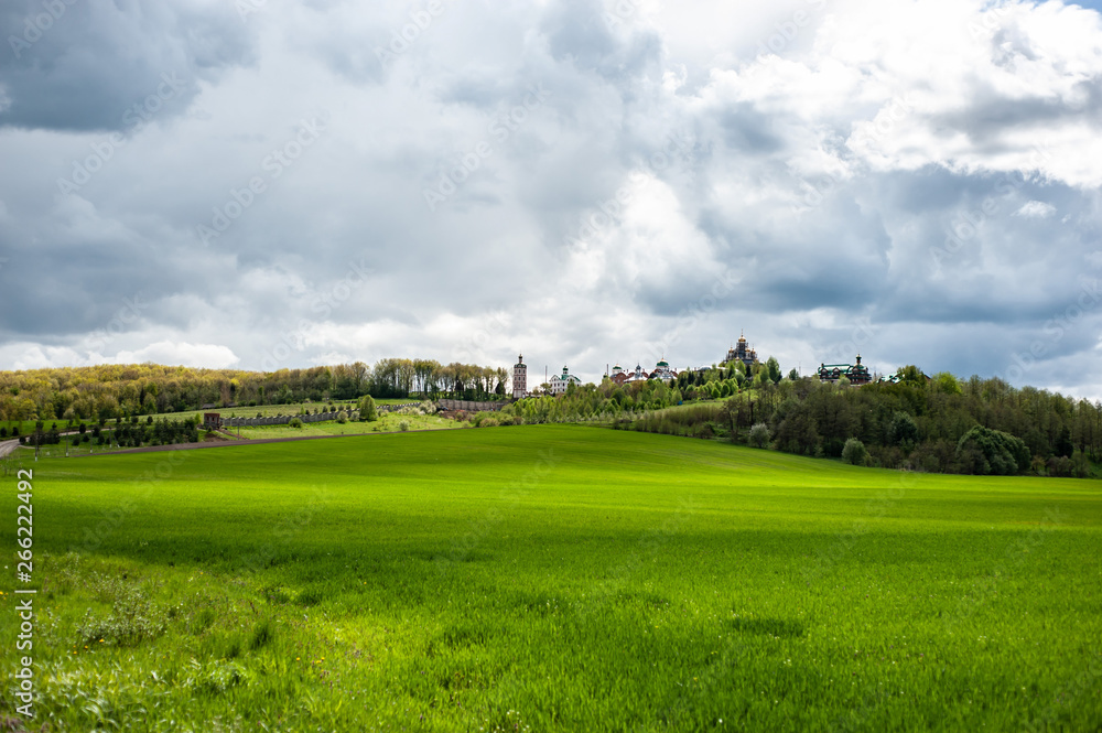 Eye-catching landscape with green grass, hills and trees, cloudy sky Eye-catching landscape with green grass, hills and trees, cloudy sky