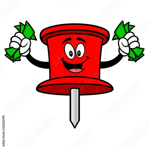 Push Pin Mascot with Money - A vector cartoon illustration of an office Push Pin mascot.