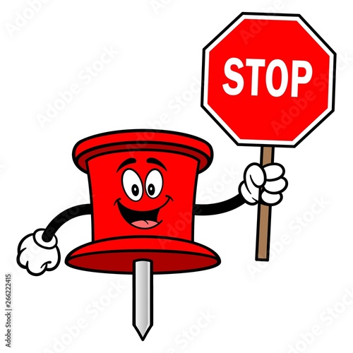 Push Pin Mascot with a Stop Sign - A vector cartoon illustration of an office Push Pin mascot.
