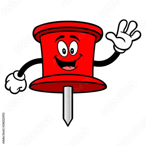 Push Pin Mascot Waving - A vector cartoon illustration of an office Push Pin mascot.