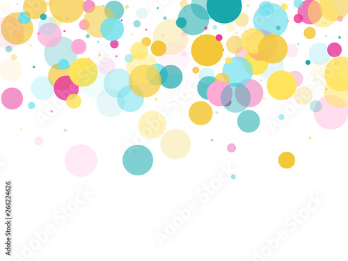 Memphis round confetti festive background in cyan blue  pink and yellow. Childish pattern vector.