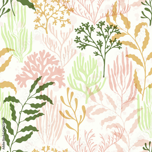 Coral reef seamless pattern., Tropical coral reef branch silhouette elements.