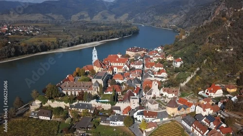 Aerial panorama of Durnstein town and vineyards. Wachau valley, Austria photo