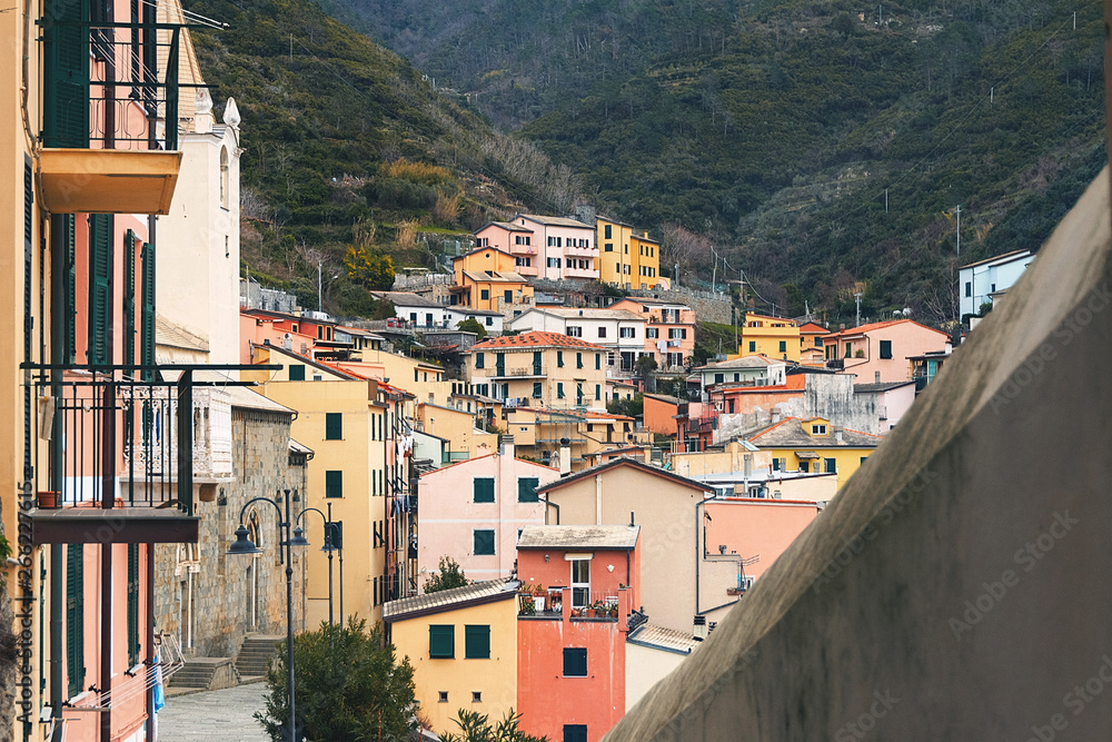 View of the colored houses of Riomaggiore, Cinque Terre, Liguria, Italy