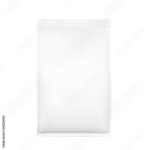 Quad seal bag with vertical gussets. Front view. High realistic details. Ready for your design. Suite for the presentation of food, coffee, for pets, household, etc. EPS10.