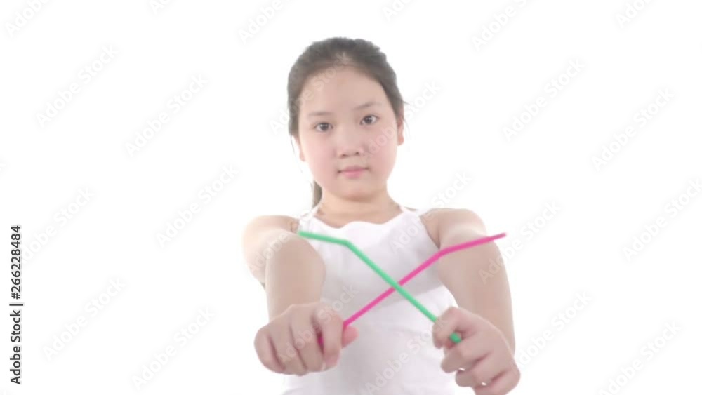 Young Asian carry two plastic straw and shake her head against to use Young Asian carry two plastic straw and shake her head against to use