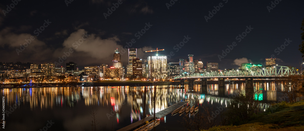 Night Panorama of Downtown Portland with Hawthorne Bridge on the Right