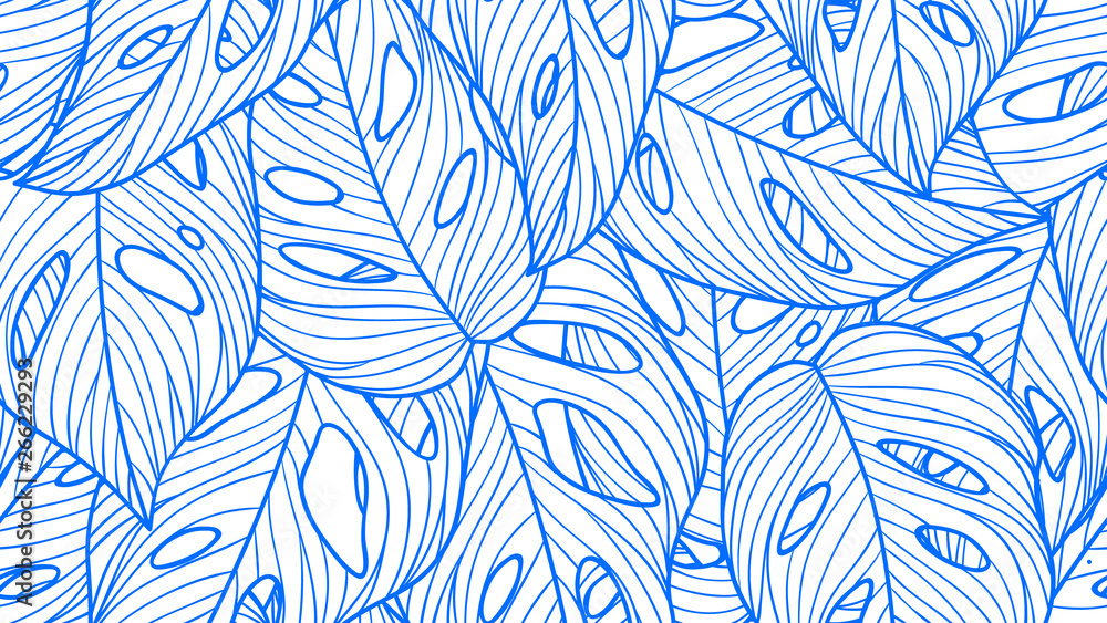 Foliage seamless pattern, Monstera deliciosa leaves line art ink drawing in blue and white