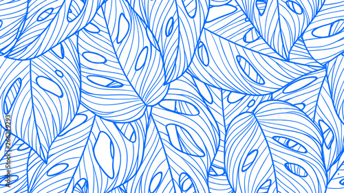 Foliage seamless pattern, Monstera deliciosa leaves line art ink drawing in blue and white