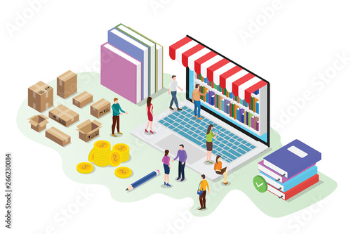 isometric 3d online book store concept with digital library books on the laptop with team people buy with shipment cardboard - vector