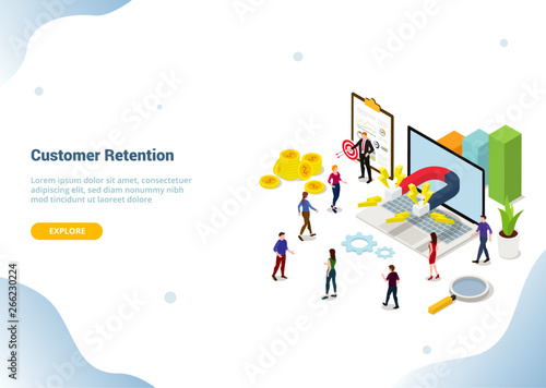 isometric 3d customer retention marketing concept for website template landing homepage banner - vector