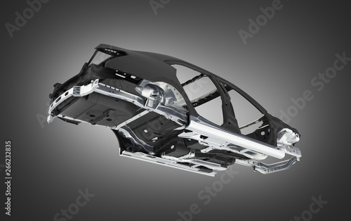 Carbon body car with metal elements isolated on black gradient background 3d illustration photo