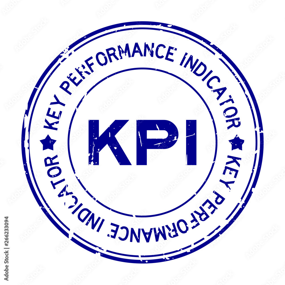 Grunge blue KPI word (Abbreviation key pearformance indicator) round rubber seal stamp on white background