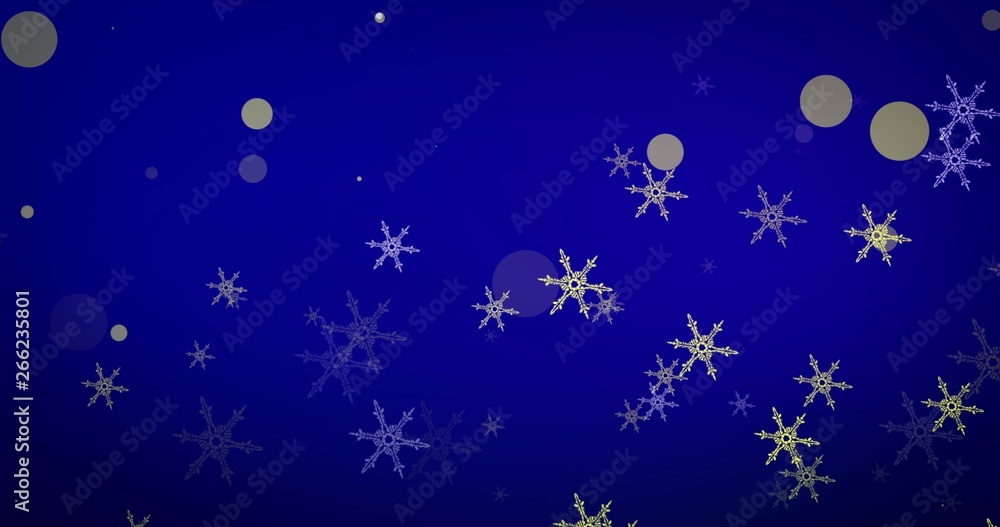 Golden, snowflakes and bokeh lights on the blue Merry Christmas background. 3D render Golden, snowflakes and bokeh lights on the blue Merry Christmas background. 3D render