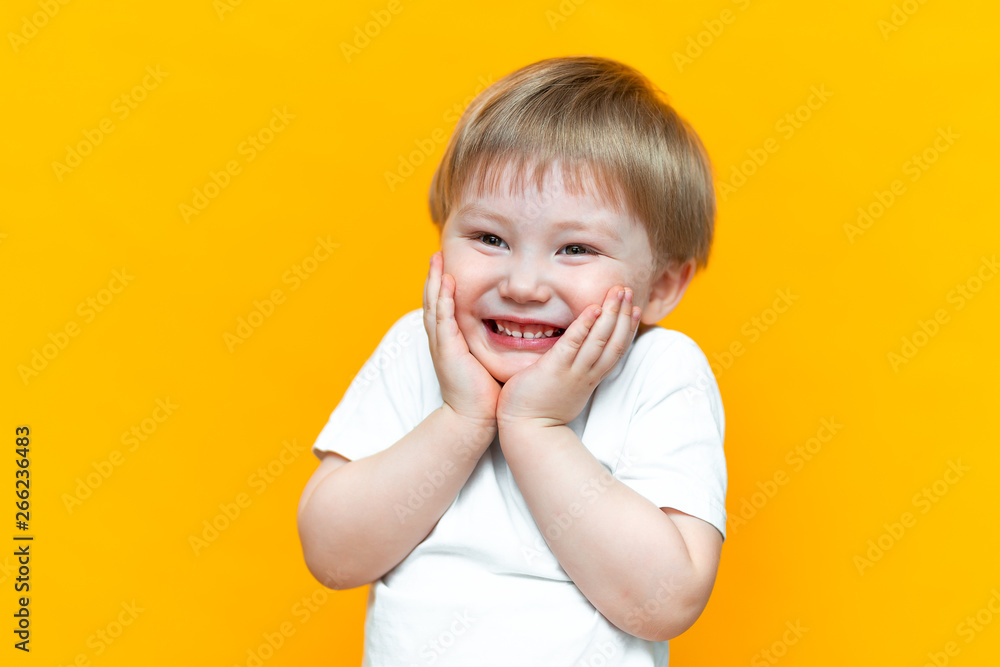 portrait of cheerful little boy child three years old, standing isolated over yellow background. Looking camera. showing white teeth, smiling portrait of cheerful little boy child three years old, standing isolated over yellow background. Looking camera. showing white teeth, smiling
