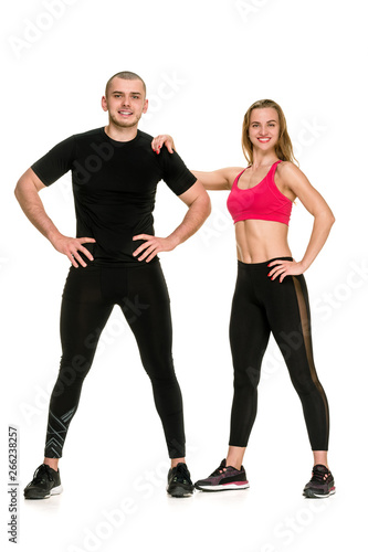 Full photo of fit healthy people in sporty outfit
