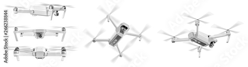 Set of white drone with twirled propellers
