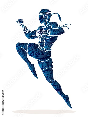 Muay Thai action , Thai boxing jumping to attack Cartoon graphic vector 