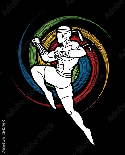 Muay Thai action , Thai boxing jumping to attack Cartoon graphic vector 