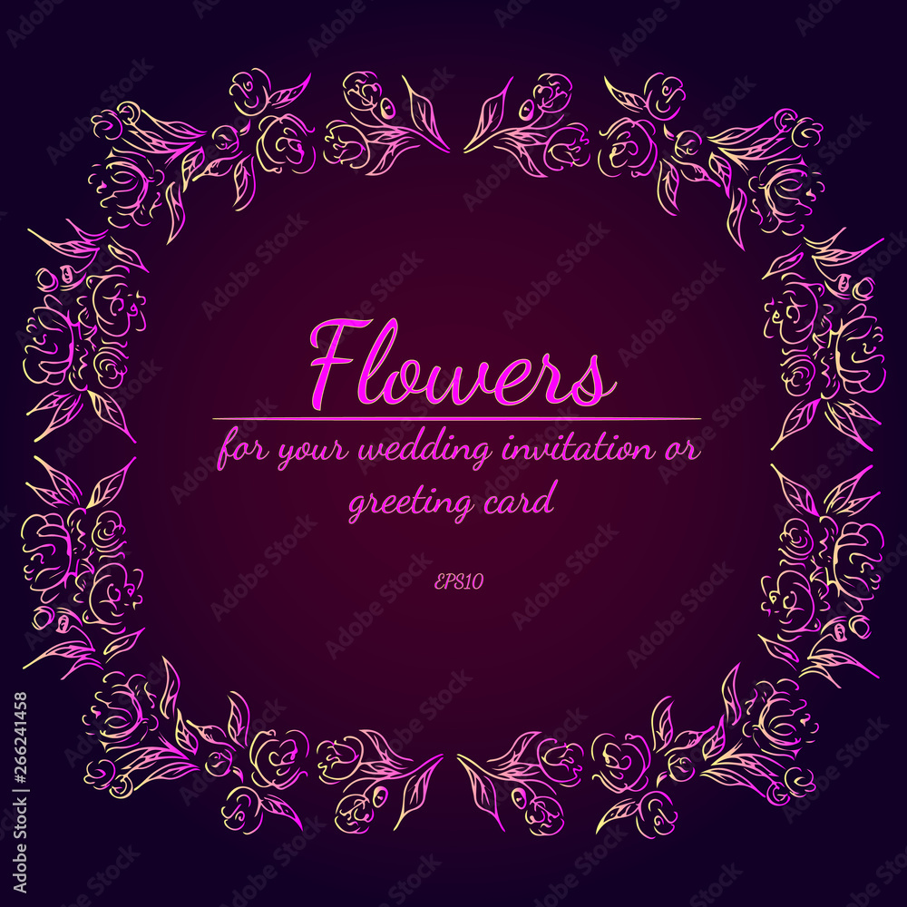 Wreath of roses or peonies flowers with violet, yellow and pink colors. Floral Frame design elements for your wedding invitation and greeting card. Hand drawn vector illustration. Line art. Sketch. Wreath of roses or peonies flowers with violet, yellow and pink colors. Floral Frame design elements for your wedding invitation and greeting card. Hand drawn vector illustration. Line art. Sketch.