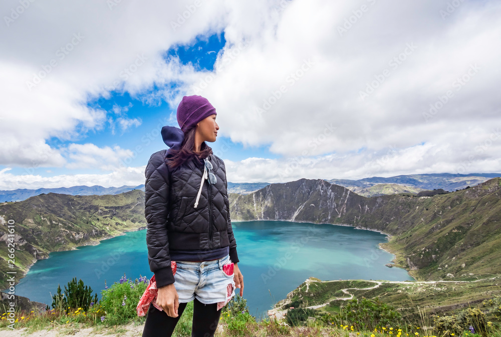 Beautiful panoramic scenery overlooking at Quilotoa lake at the crater rim in Quilotoa, Ecuador