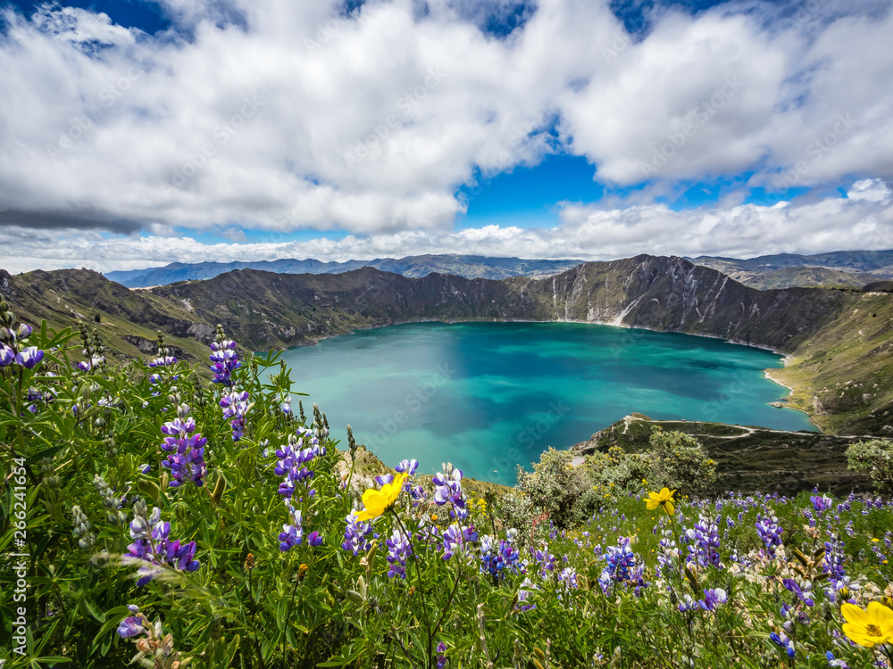 Beautiful panoramic scenery overlooking at Quilotoa lake at the crater rim in Quilotoa, Ecuador
