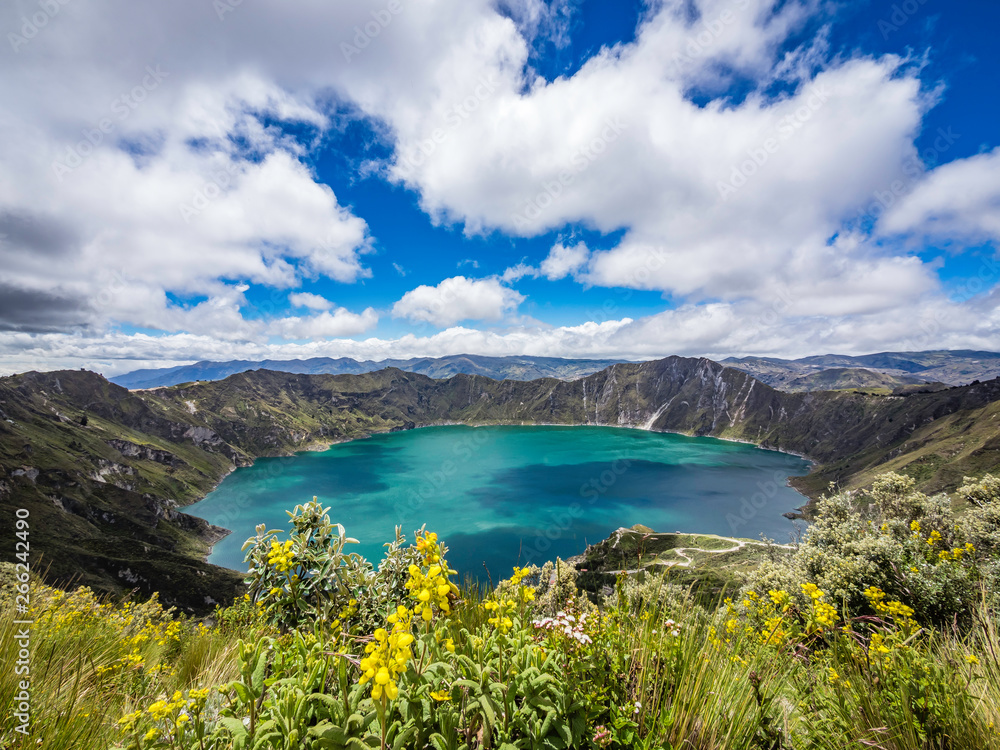 Beautiful panoramic scenery overlooking at Quilotoa lake at the crater rim in Quilotoa, Ecuador