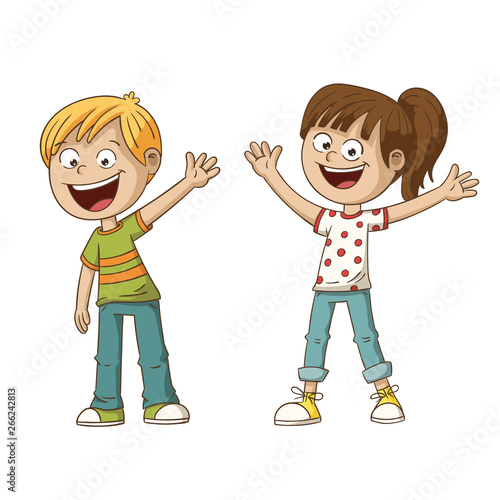 Two smiling cartoon kids. Hand drawn vector illustration. Each on a separate layer. 