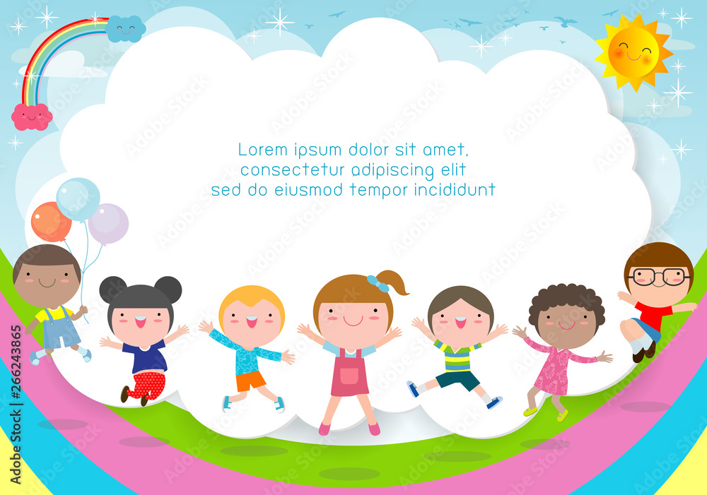 Kids Playing, cartoon happy children jumping summer background Template for  advertising brochure, your text,Kids and frame,child and frame, Blank for  space Vector Illustration Stock Vector | Adobe Stock