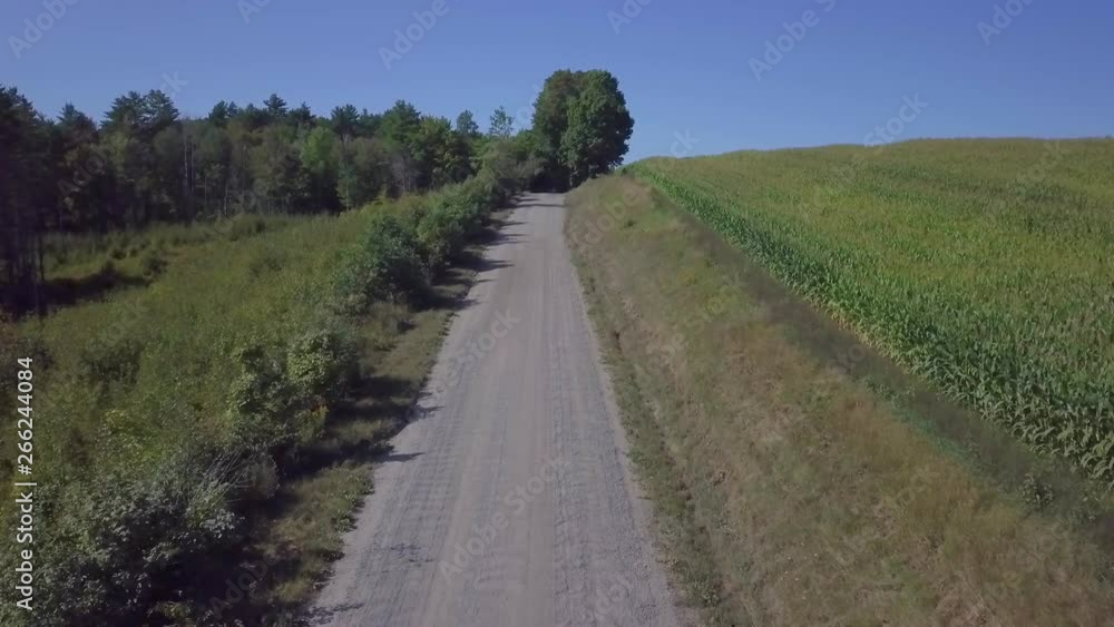 Awesome aerial view on a dirt road and cornfield in the northeast kingdom via drone Awesome aerial view on a dirt road and cornfield in the northeast kingdom via drone