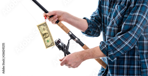 man with fishing rod and money in blue plaid shirt