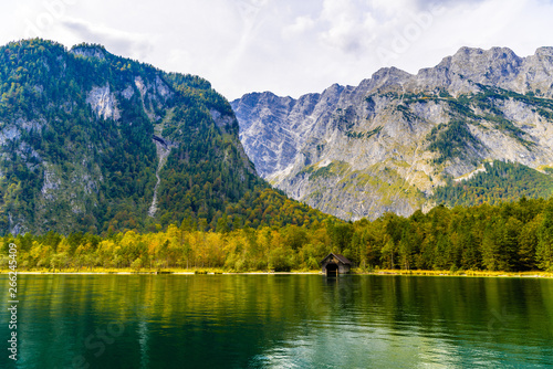 Wooden old fish house on the lake Koenigssee, Konigsee, Berchtesgaden National Park, Bavaria, Germany