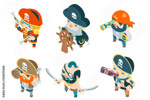 Isometric pirate ship crew corsair buccaneer filibuster sea dog sailors fantasy RPG treasure game characters flat design vector illustration