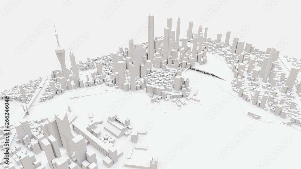 Three-dimensional landscape of the modern city. The huge layout of the metropolis. 3D rendering.