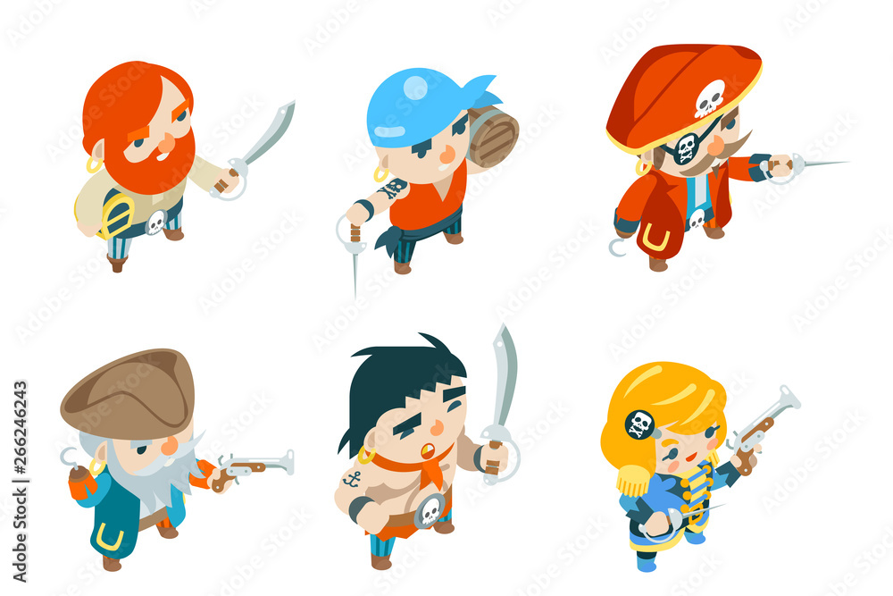 Pirate ship crew corsair buccaneer filibuster sea dog sailors fantasy RPG treasure game isometric characters flat design vector illustration Pirate ship crew corsair buccaneer filibuster sea dog sailors fantasy RPG treasure game isometric characters flat design vector illustration