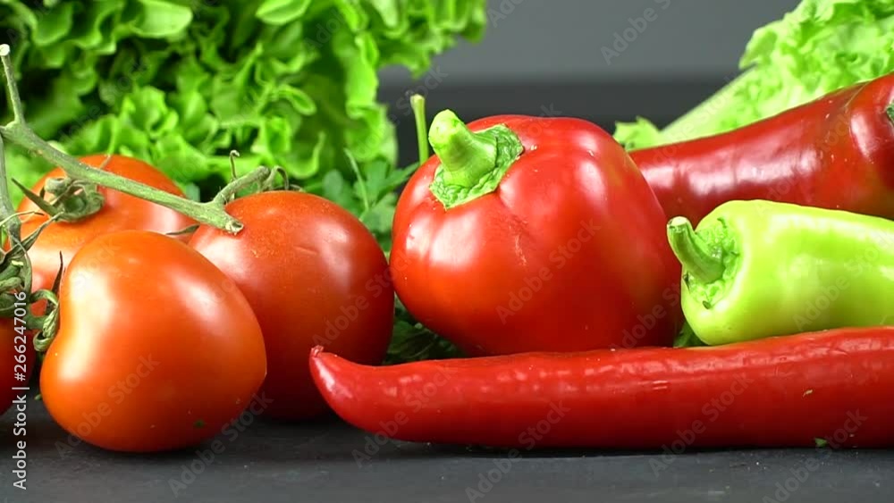 Panoramic movement in fresh vegetables, tomato and pepper Panoramic movement in fresh vegetables, tomato and pepper