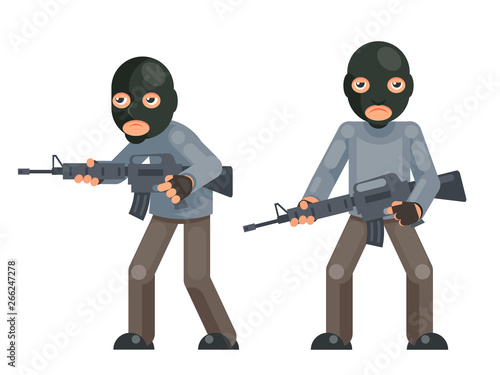 Weapon gun armed terrorist soldier threat evil greedily character flat design isolated vector illustration