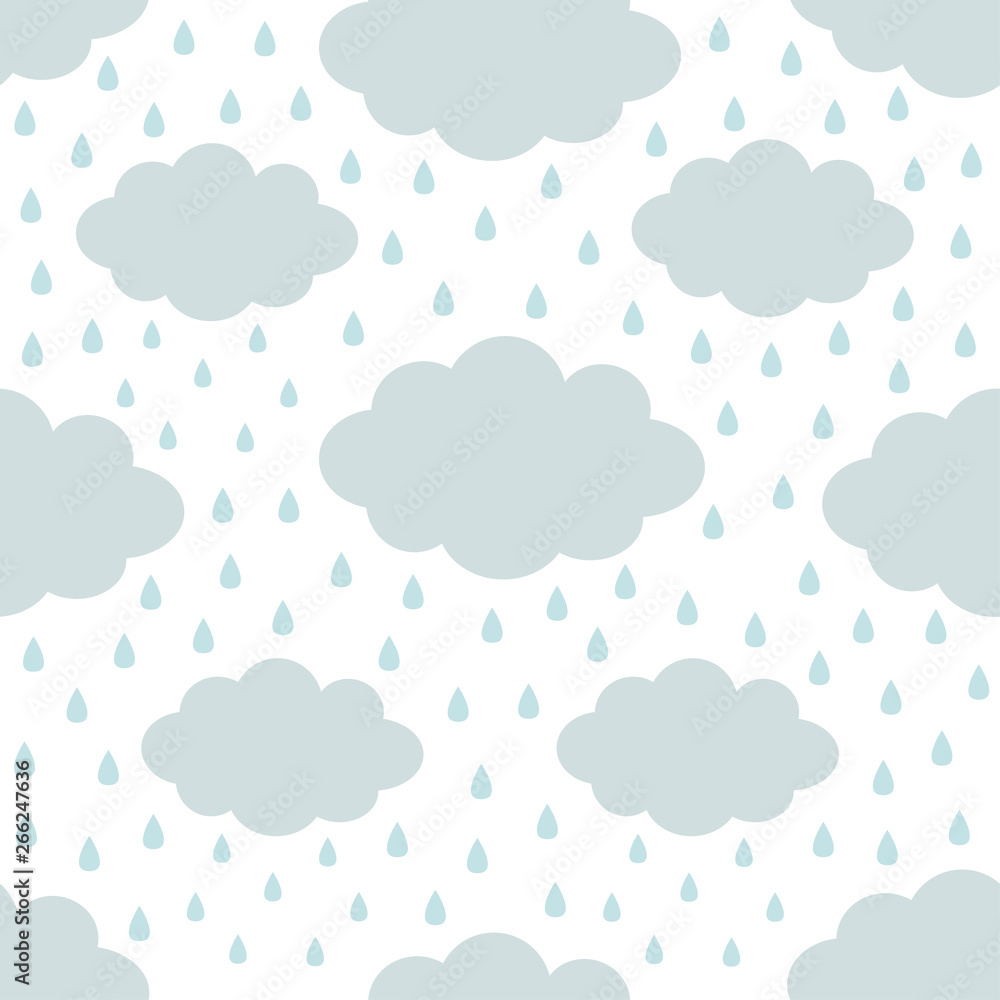 Seamless Pattern. Cloud in the sky. Rain drop. Cute cartoon kawaii funny baby kids decor. Wrapping paper, textile template. Nursery decoration. White background. Flat design.
